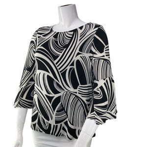 Chicos Travelers Womens Size 2 US 12 Abstract Blouse Bell Sleeve Stretch Slinky